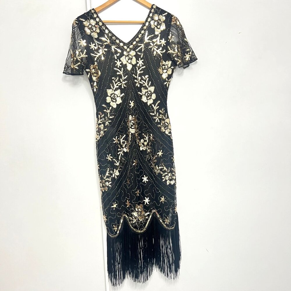 Fundaisy 1920s Black Gold Dress Sequins Fringe Flapper Costume Dress Size Medium